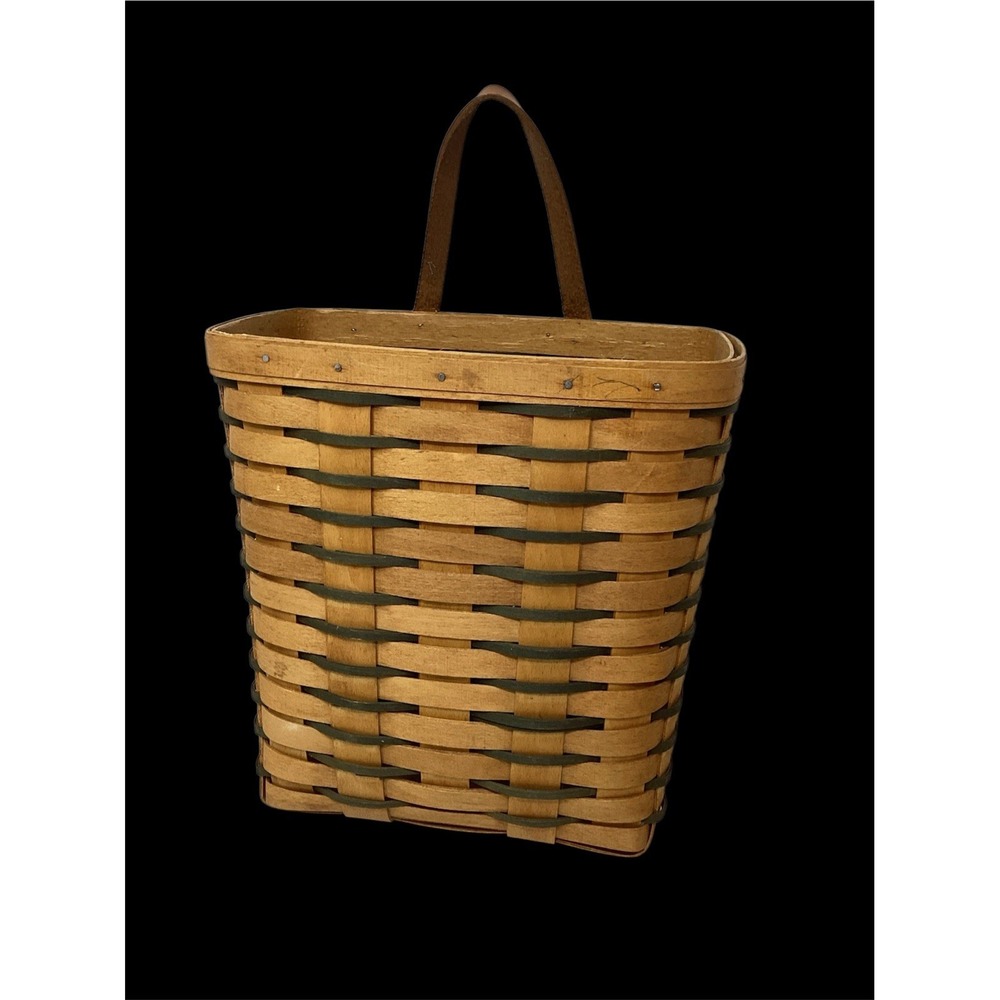 Longaberger Mail Letter Basket w/ Leather Handle Brown/Sage Green 9.5"